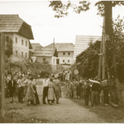 Študentska etnografska ekipa spremlja <em>prvi rej</em> pod lipo v Dolah/Dellach v Ziljski dolini avgusta leta 1952; plešejo v navadnih prazničnih oblekah, ker so bile med vojno njihove stare noše uničene. Izvirnik hrani Glasbenonarodopisni inštitut ZRC SAZU.