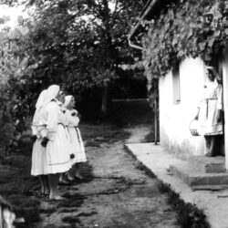 Midsummer Night carolers in front of a house in Adlešiči, 1967.