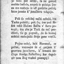 Songs intended to encourage soldiers were rarely preserved in Slovenian folk tradition. Excerpt from Valentin Vodnik’s introduction to Songs for Soldiers, 1809; Dr. France Sušnik Central Library of Carinthia, Ravne, Kotnik Collection.