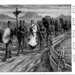 The song “Oj ta vojaški boben” (Oh That Army Drum) recalls the time of mercenary armies; it was originally part of a song about a volunteer’s remorse. War postcard by Maksim Gaspari from the cycle War in Pictures; map and picture collection of the National and University Library, Ljubljana.